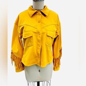 Soft Faux Vegan Suede Short Fringe Jacket in mustard color